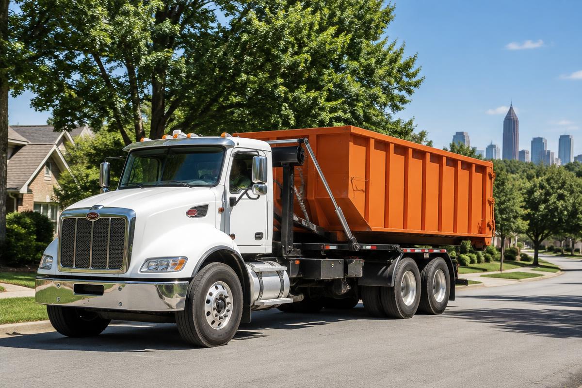 Countrywide roll-off truck delivering a dumpster on a Smyrna street