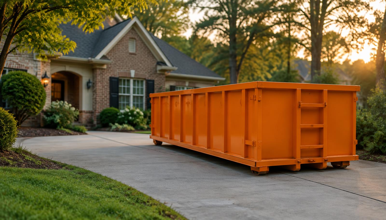 Orange roll-off dumpster on a residential driveway in Smyrna, Georgia
